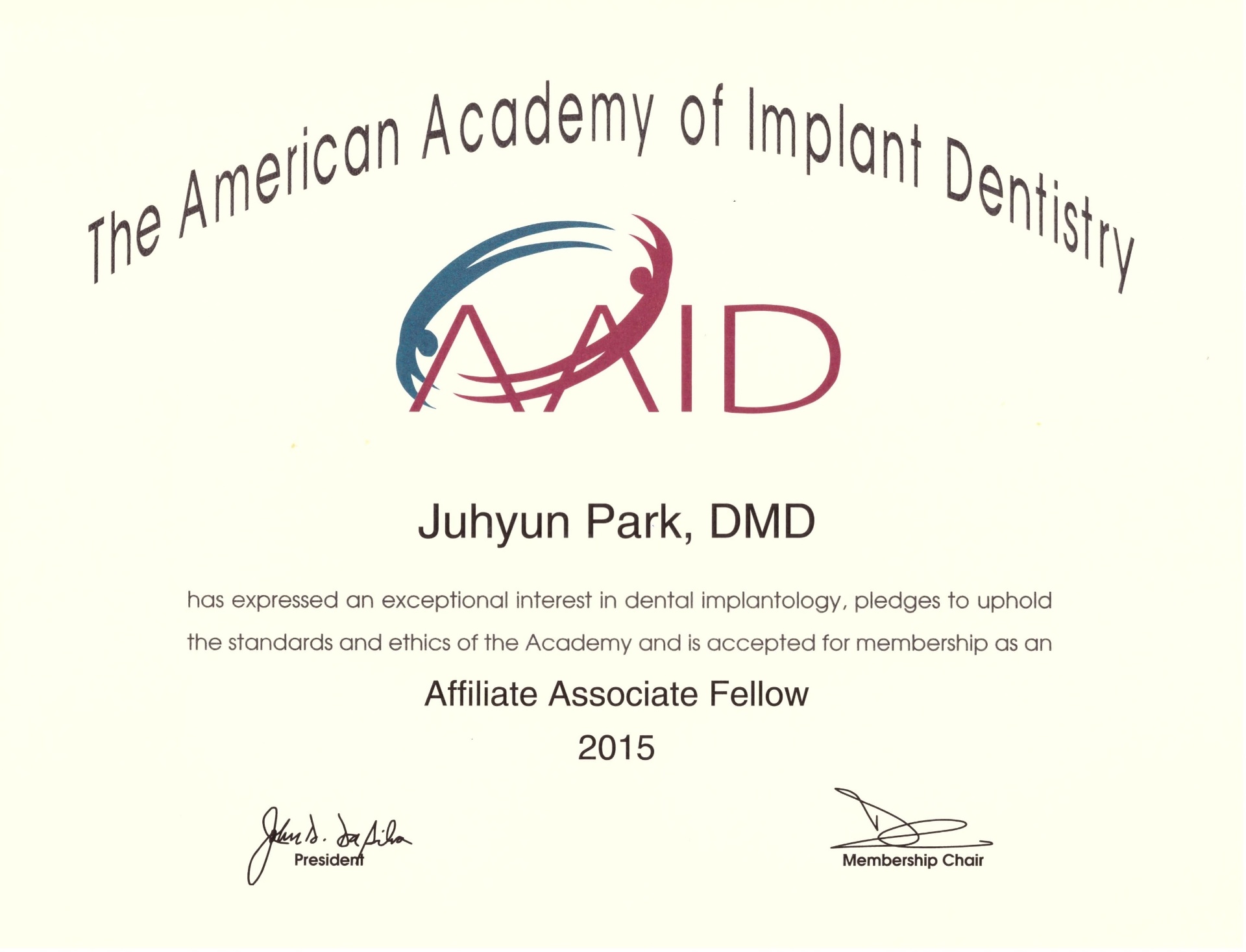 미국 임플란트학회 AAID Associate Fellow 인증서